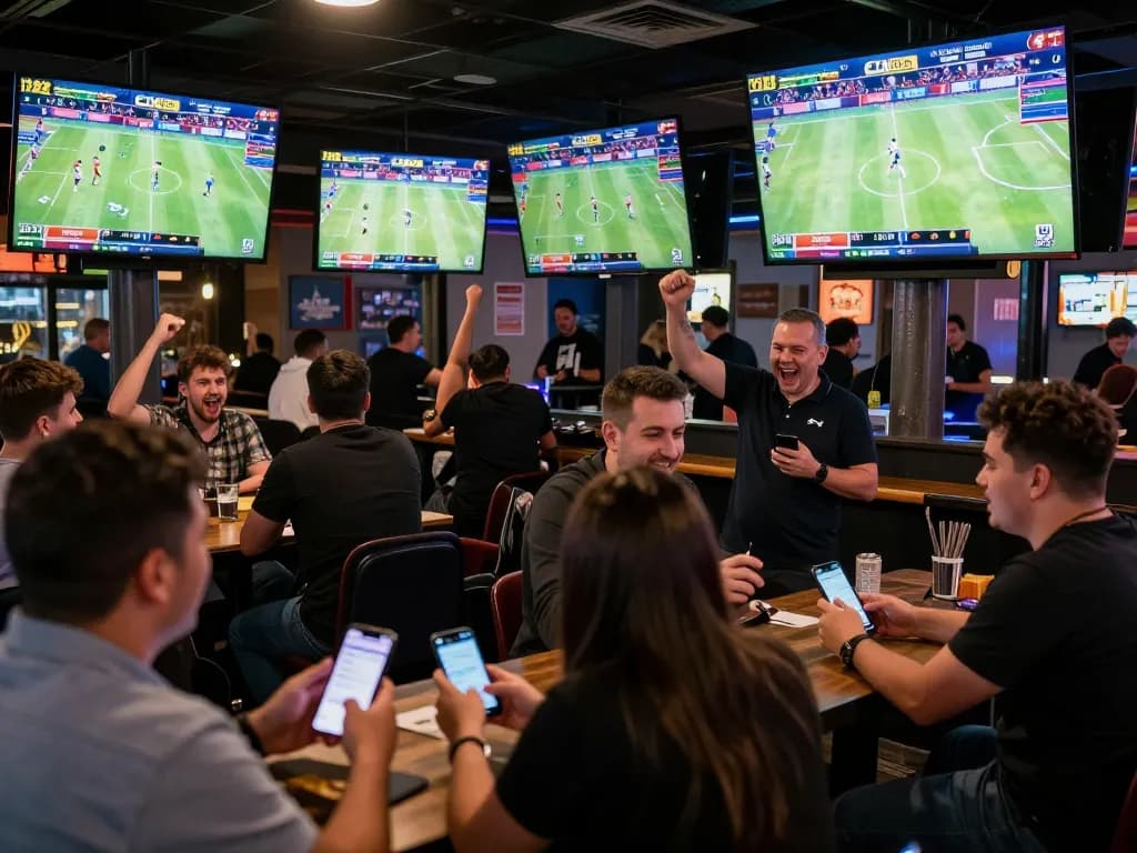 Excited patrons engaged in sports betting on CM88, with screens showcasing live games