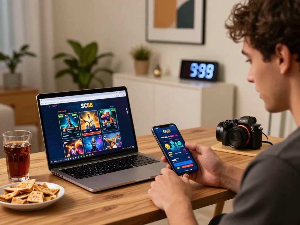 Engaged player using SC8888 mobile app for online gambling while enjoying a cozy home setup.