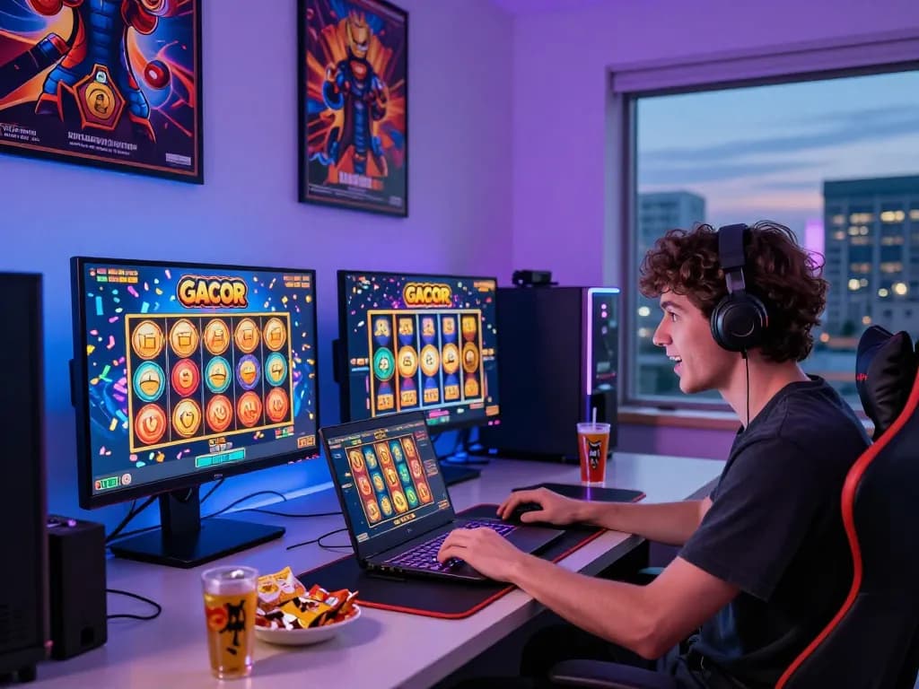 Pemain menikmati permainan slot gacor hari ini di setup permainan yang cerah dengan peralatan modern.
