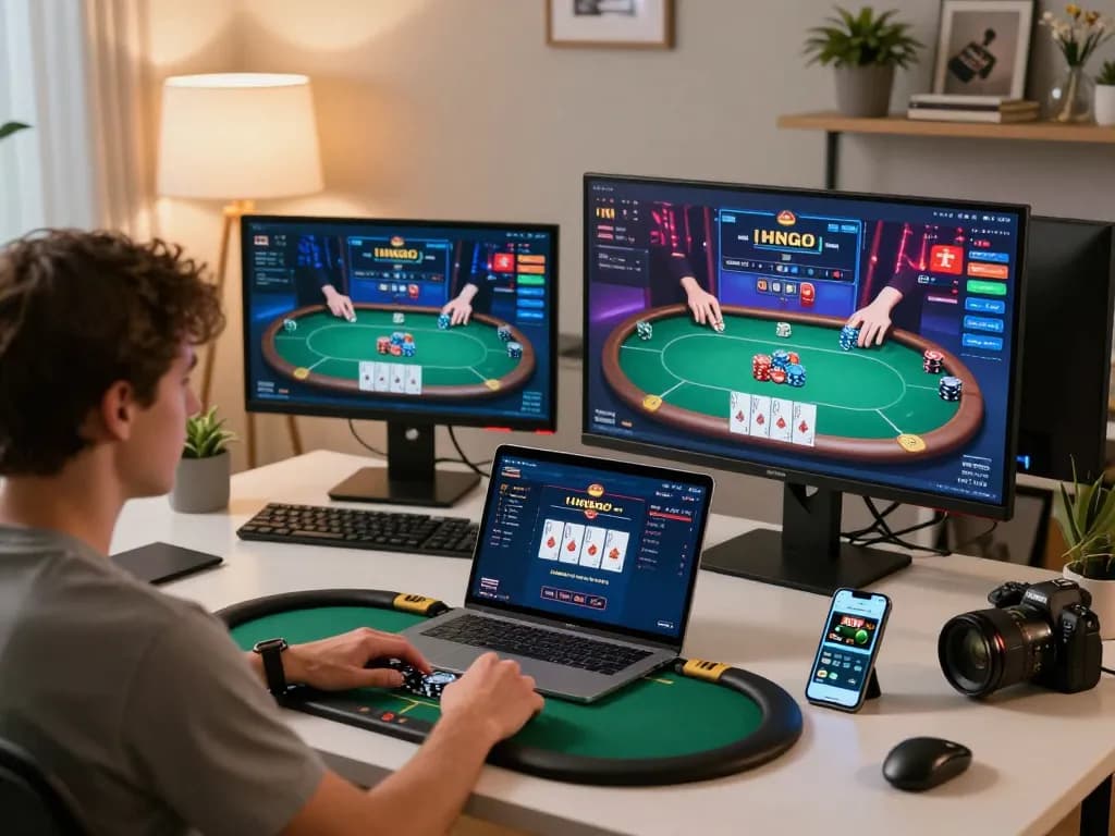 uk88s player engaged in strategic online poker game, showcasing gameplay on laptop and smartphone