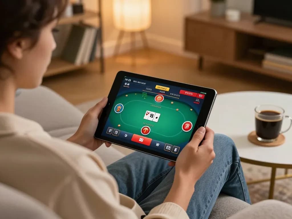 Engage in online gambling with amigogrillandco while comfortably gaming on a tablet in a cozy home setting.