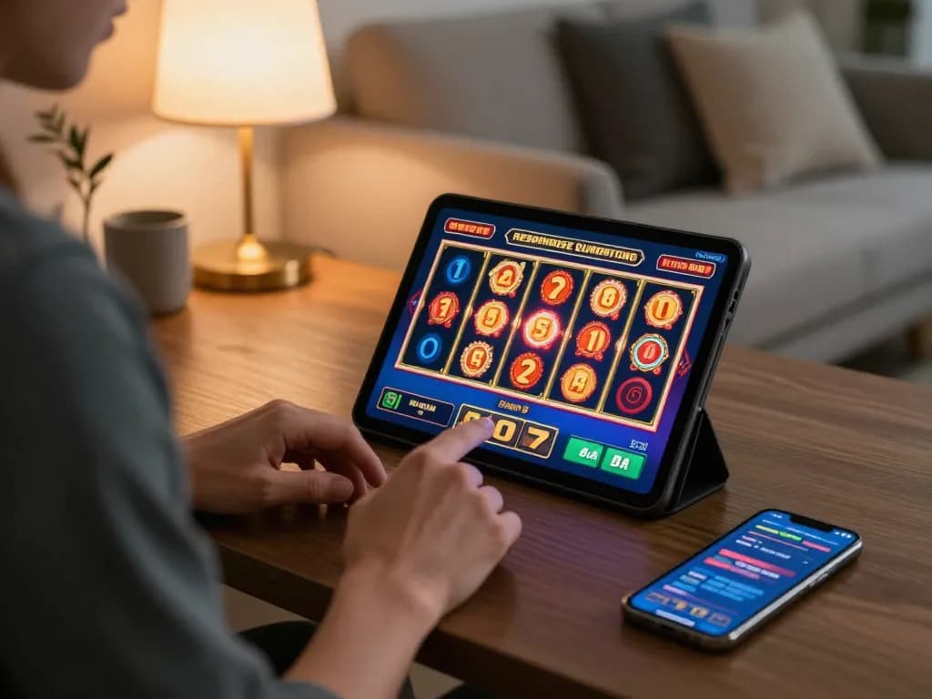 A player at home enjoying aman788 slot games on a tablet, showcasing responsible gaming practices