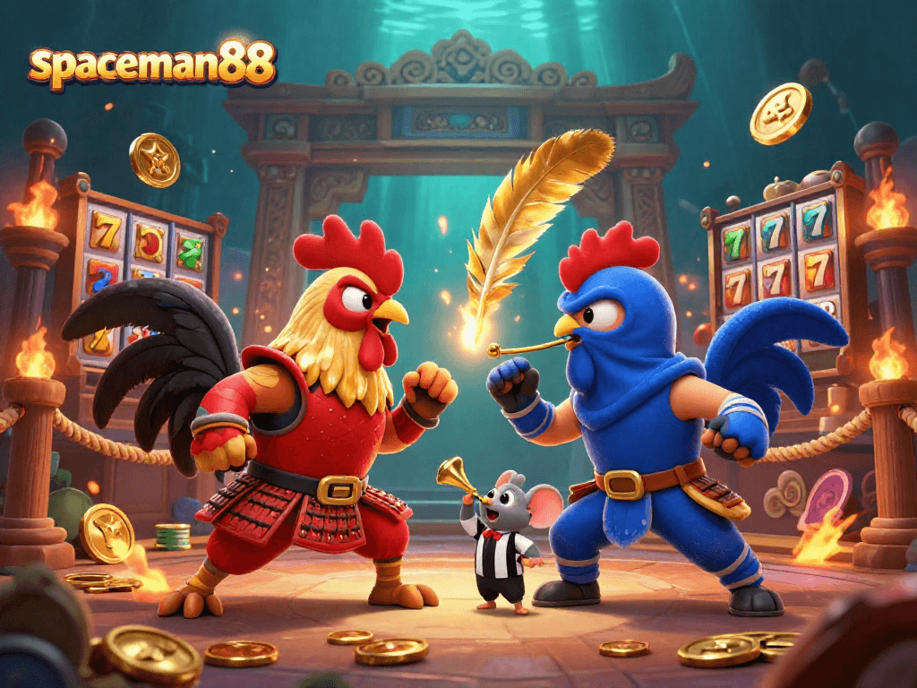 Engage in thrilling gameplay with spaceman88's vibrant slot scene featuring epic roosters.