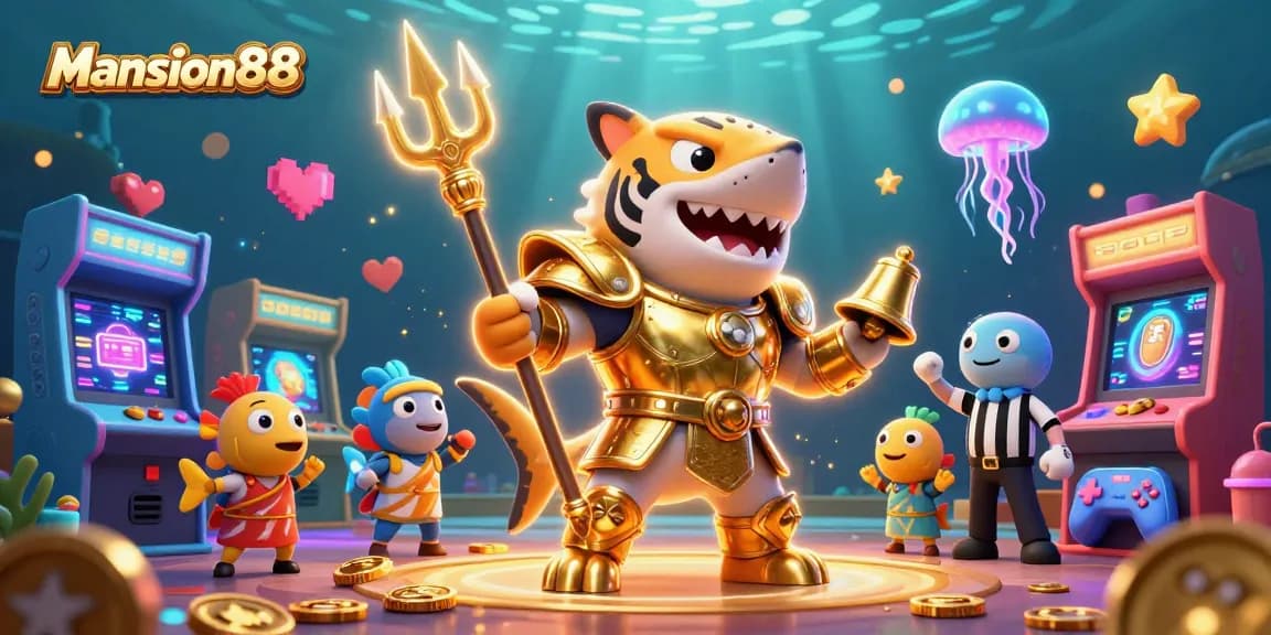 Mansion88 features an underground casino battle scene showcasing a tiger shark gladiator, arcade games, and gold coins.
