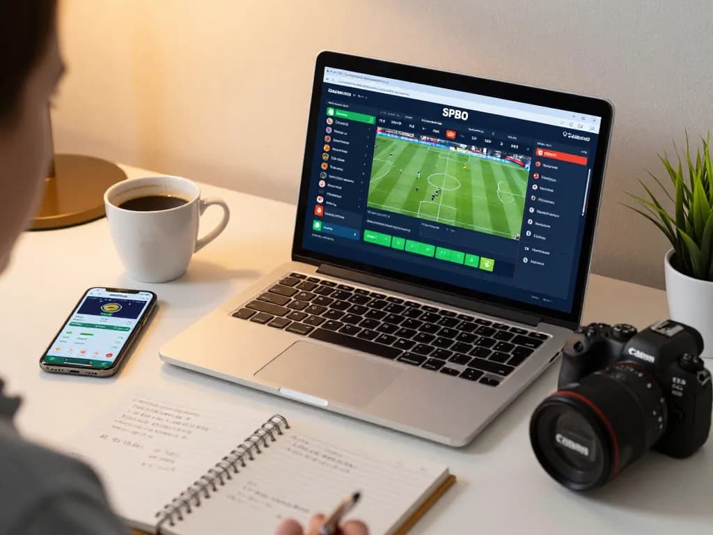 Suasana taruhan online yang menarik menampilkan SPBO dengan skor sepak bola langsung, pengaturan laptop dan kopi untuk taruhan strategis