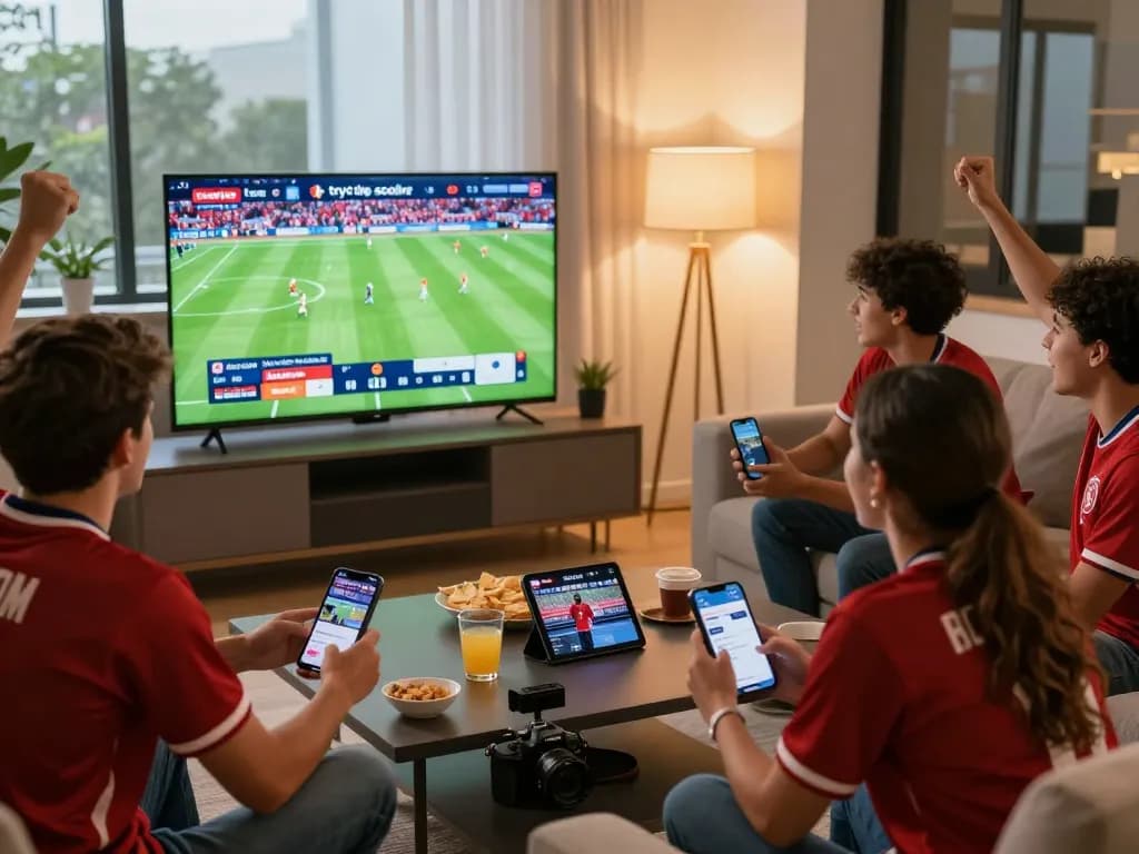 Excited friends watching trực tiếp socolive football match in a cozy living room, snacks and team jerseys visible.