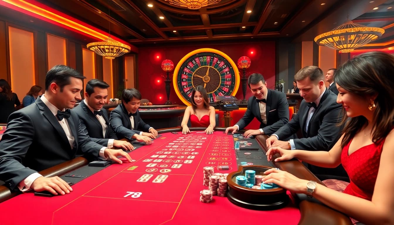 Players enjoying a thrilling gambling experience at XX88 with colorful cards, poker chips, and roulette wheel.