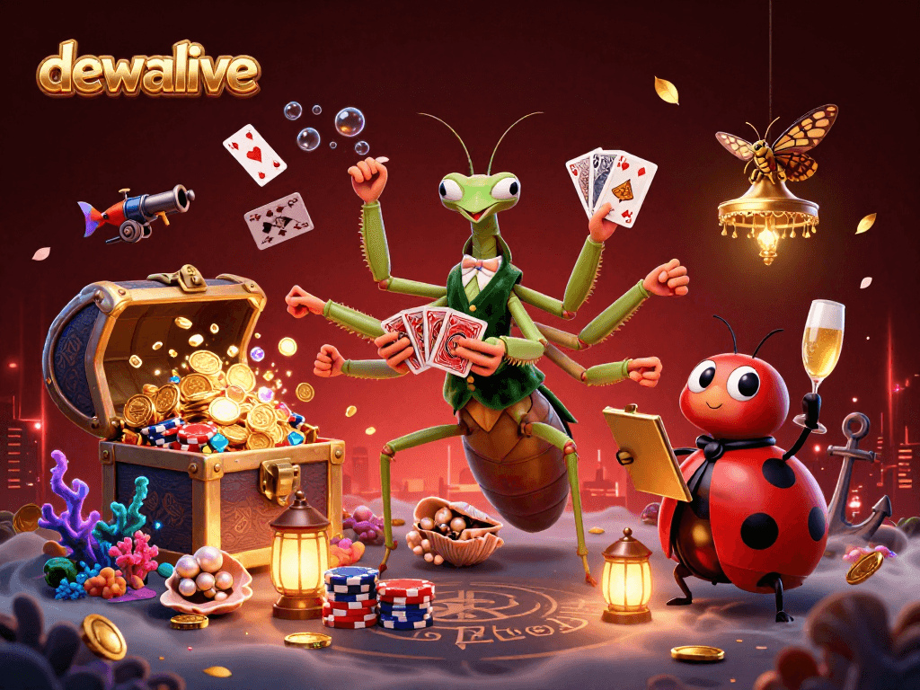 Menangkan di dewalive dengan mantis raksasa yang memimpin permainan kartu berkilauan.