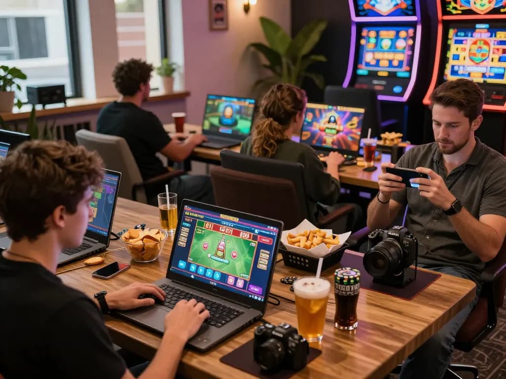 Exciting scene of players engaging in tải sunwin online games on multiple devices in a lively setting.