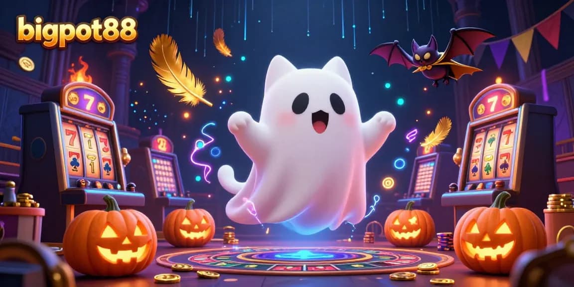 Experience the thrill of bigpot88 with a ghost cat and bat in a vibrant haunted casino scene.