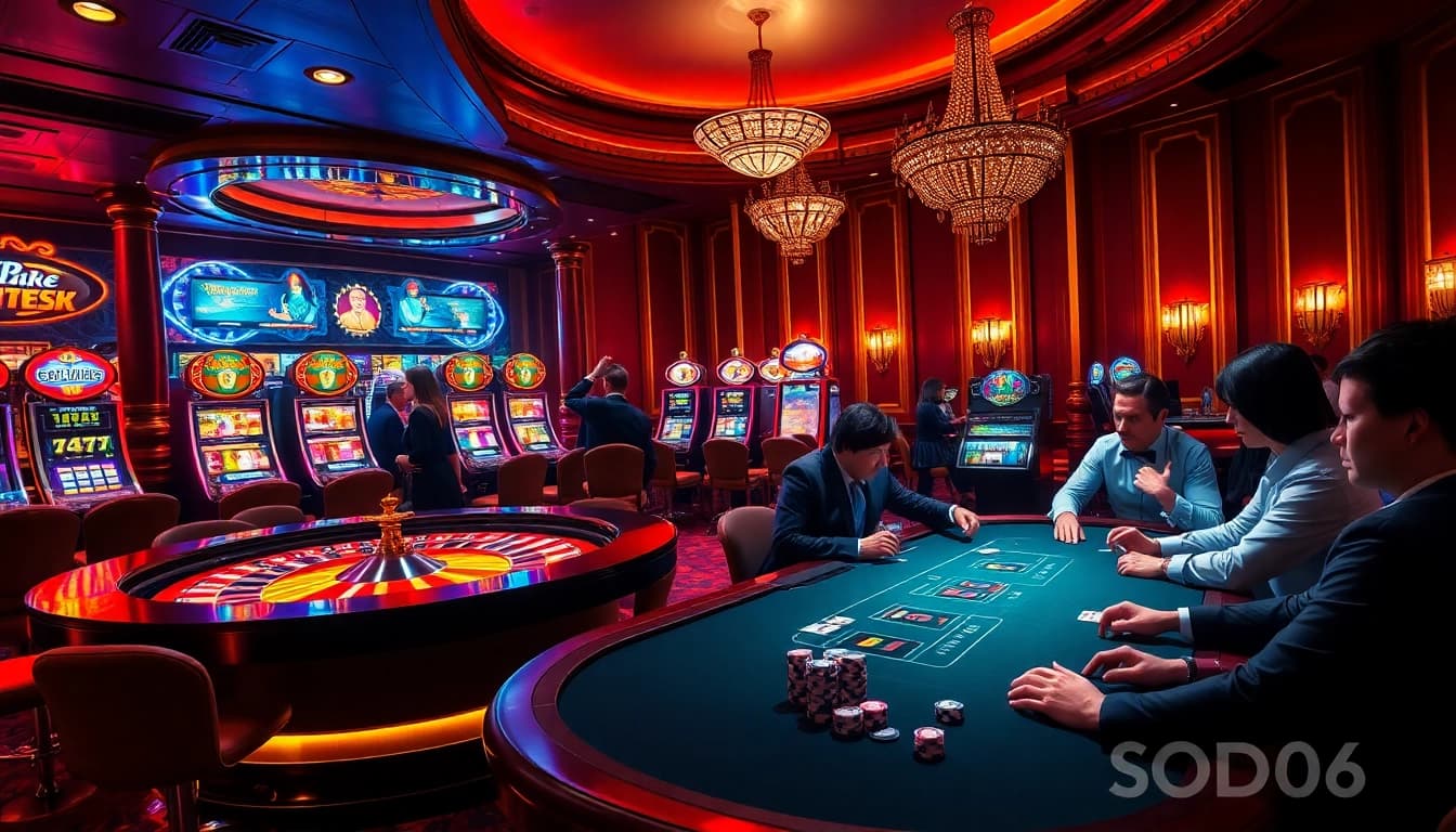SODO66 gaming scene showcasing roulette, poker, and vibrant slot machines in a luxurious casino environment.