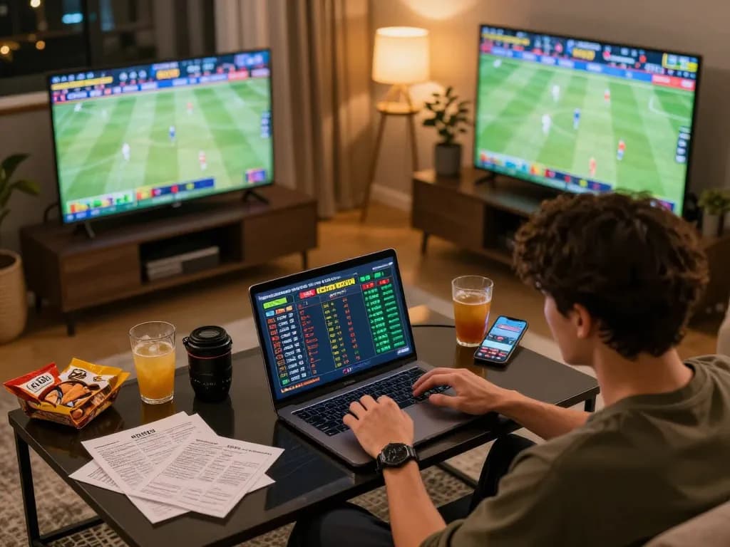 Experience ALO8 Live sports betting with an engaged player using laptop and smartphone.