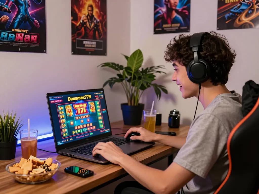 Pemain yang bersemangat menikmati Danamax779 di laptop gaming yang berwarna-warni.