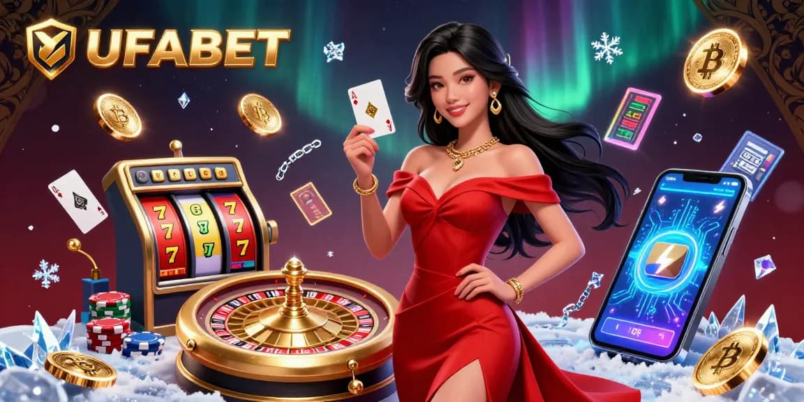 Experience the excitement of UFABET with a captivating scene featuring a stunning Asian woman beside a golden roulette wheel, amidst vibrant gaming elements.