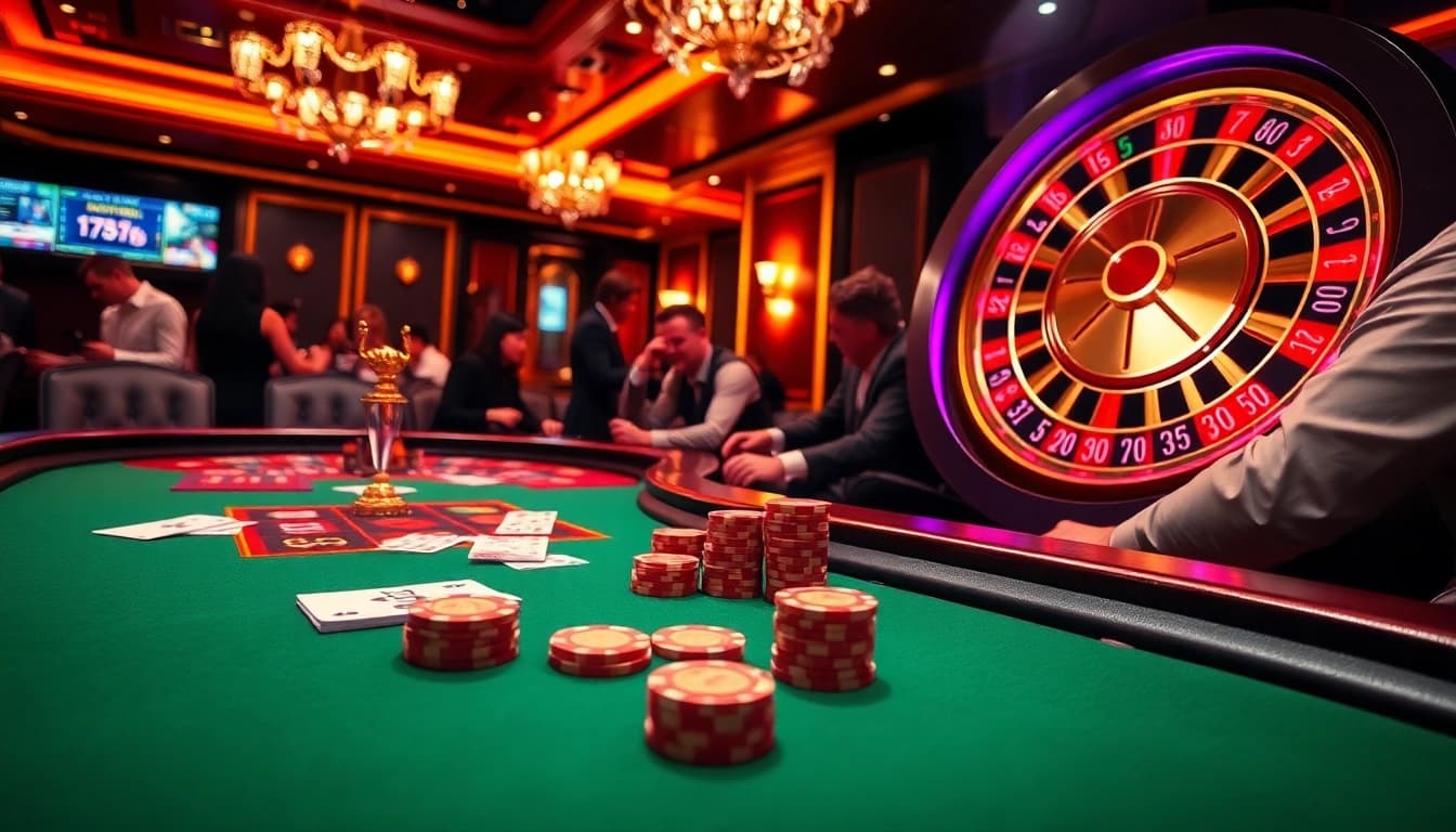 Players enjoying a professional MM OO casino experience at a luxurious poker table in vibrant lighting.