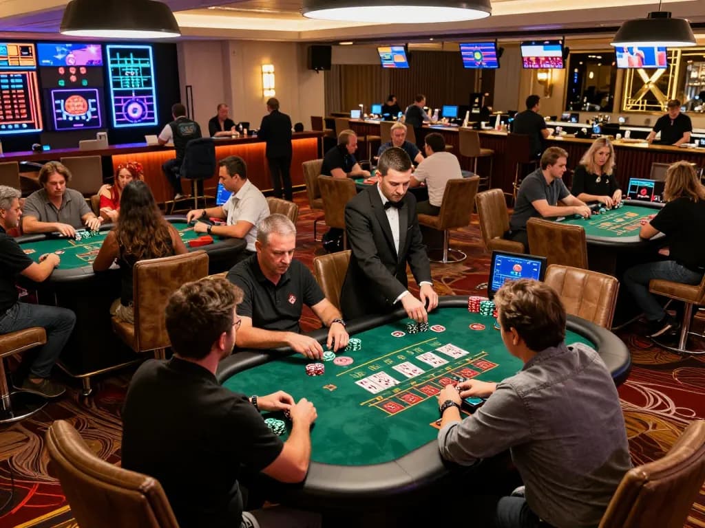 Players engaging in blackjack games at a vibrant casino, showcasing the energetic atmosphere of FC88.