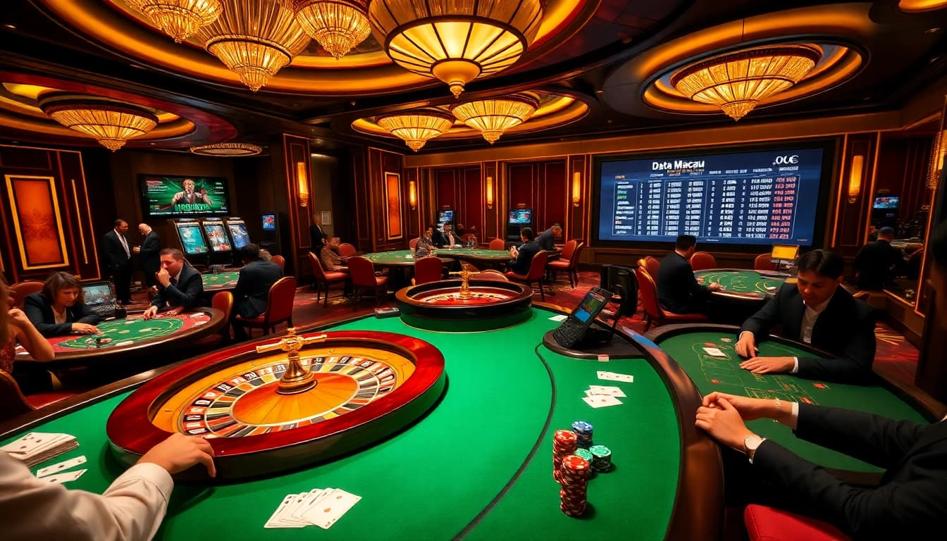 View of an exciting casino scene with "Data Macau" results displayed, highlighting engaging live gambling action.