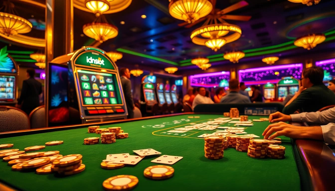 Experience an exciting gaming atmosphere at idnslot with vibrant casino tables and dynamic slot machines.