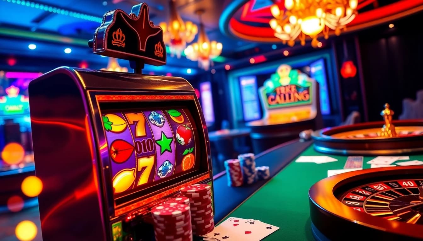 Play exciting slot777 games surrounded by vibrant casino elements, featuring slot machines, poker, and roulette.