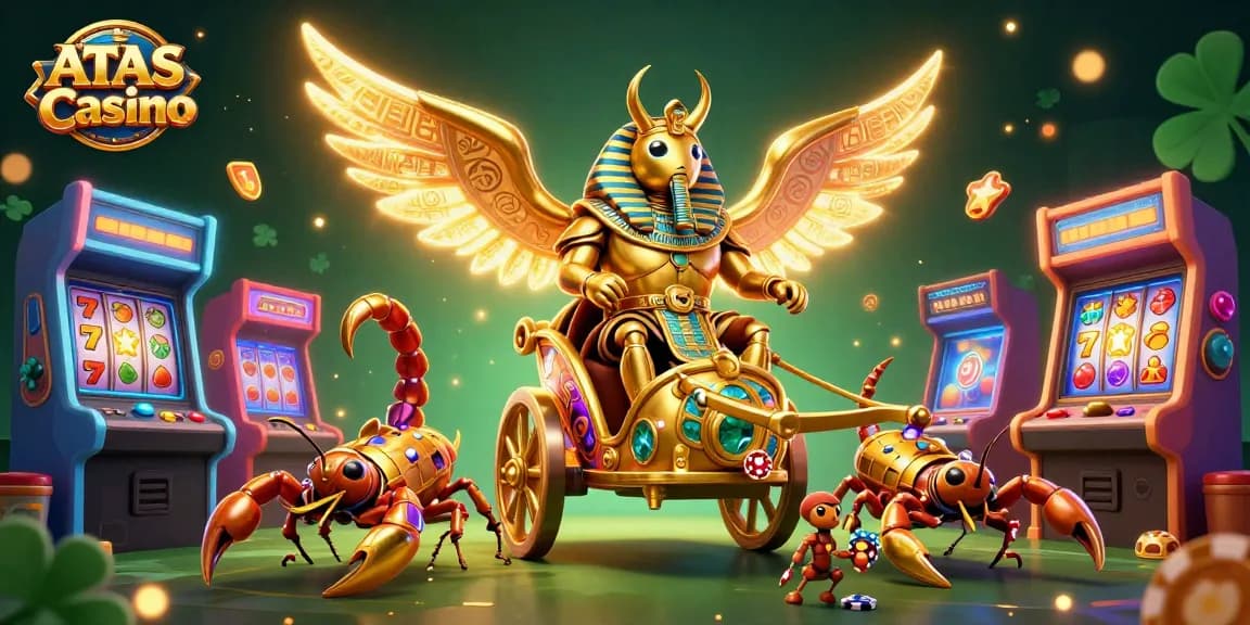 Join the excitement at ATAS Casino with a vibrant 3D illustration showcasing a golden scarab, scorpions, and slot games