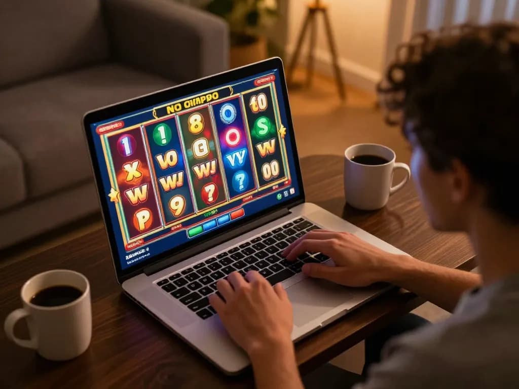 Player exploring situs slot gacor through engaging online slot game on laptop in cozy living room