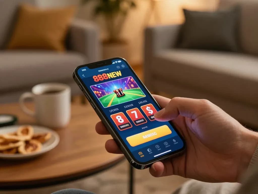 Play at 888NEW online casino app showcasing engaging mobile gaming experience in a cozy setting