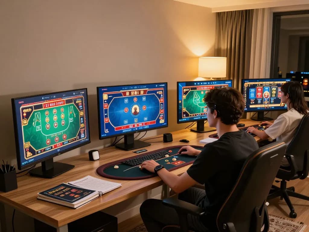 Engaging in online gaming at home with GO8, showcasing various casino games and strategy notes.