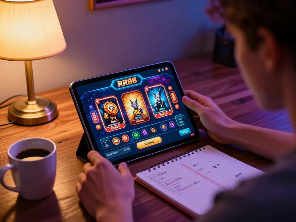 An engaged player using the RR88 casino app on a tablet, surrounded by strategy notes and cozy lighting.