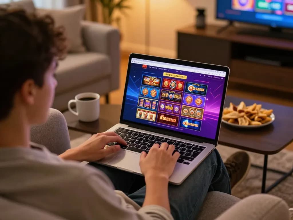 Player engaging with non gamstop casinos on laptop at home, showcasing responsible gaming habits.