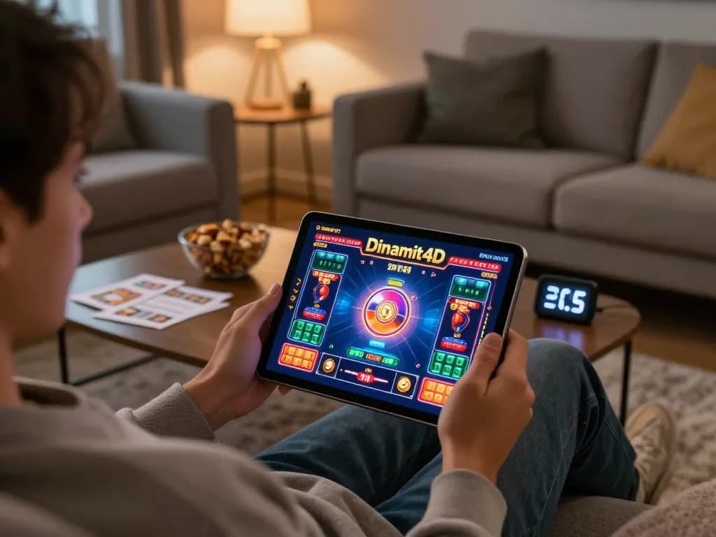 Playing Dinamit4D on a tablet in a cozy living room with strategic notes around.