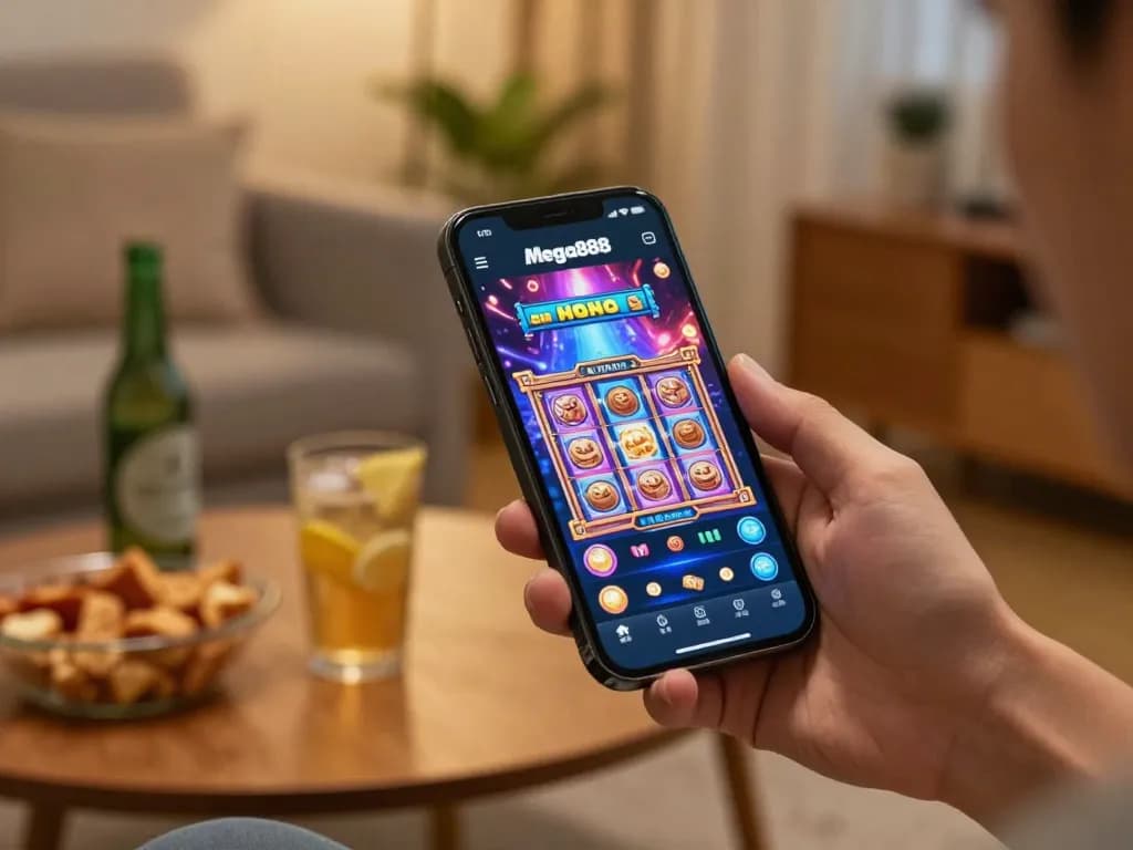 Engaging moment with smartphone showing the original Mega888 link in slot game app, inviting home environment