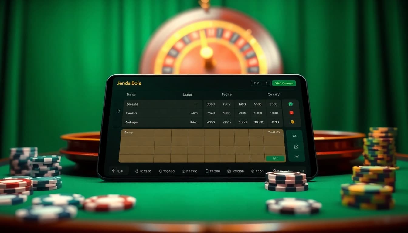 Judi Bola betting slip and poker chips on an elegant online gambling interface.