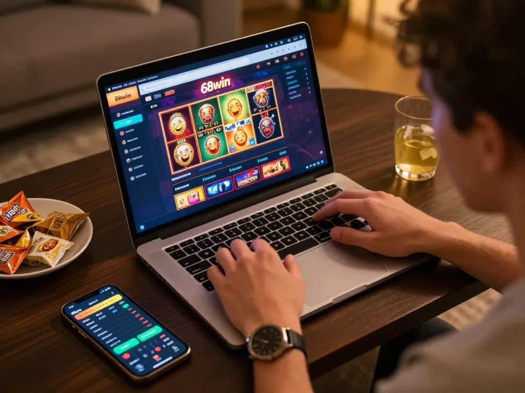 Engaging with the 68win online casino interface on a laptop while enjoying a cozy environment