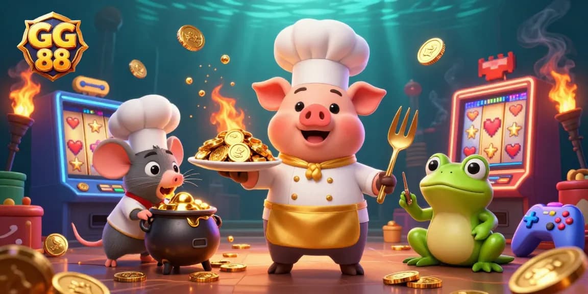 Chefs celebrate winning moments at GG 88 with gold coins and slot machines in a vibrant scene.