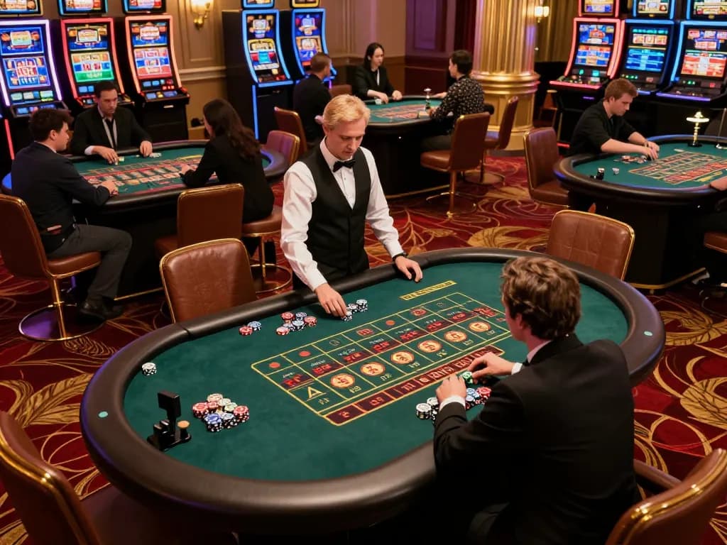 Engaged players at online USA casinos placing bets on roulette in an elegant casino setting.