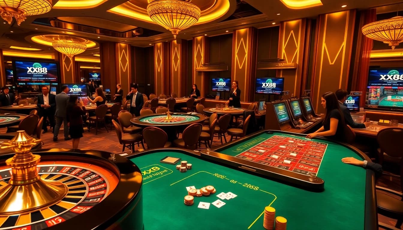 Engage in high-stakes gameplay at xx88 casino with a dynamic scene featuring exciting games and luxurious decor.