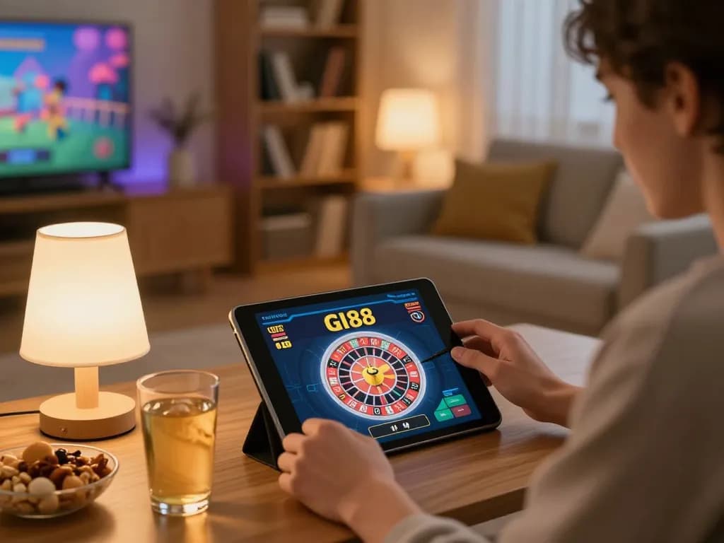Playing gi88 roulette on a tablet in a cozy home setup, warm lighting, relaxed atmosphere.