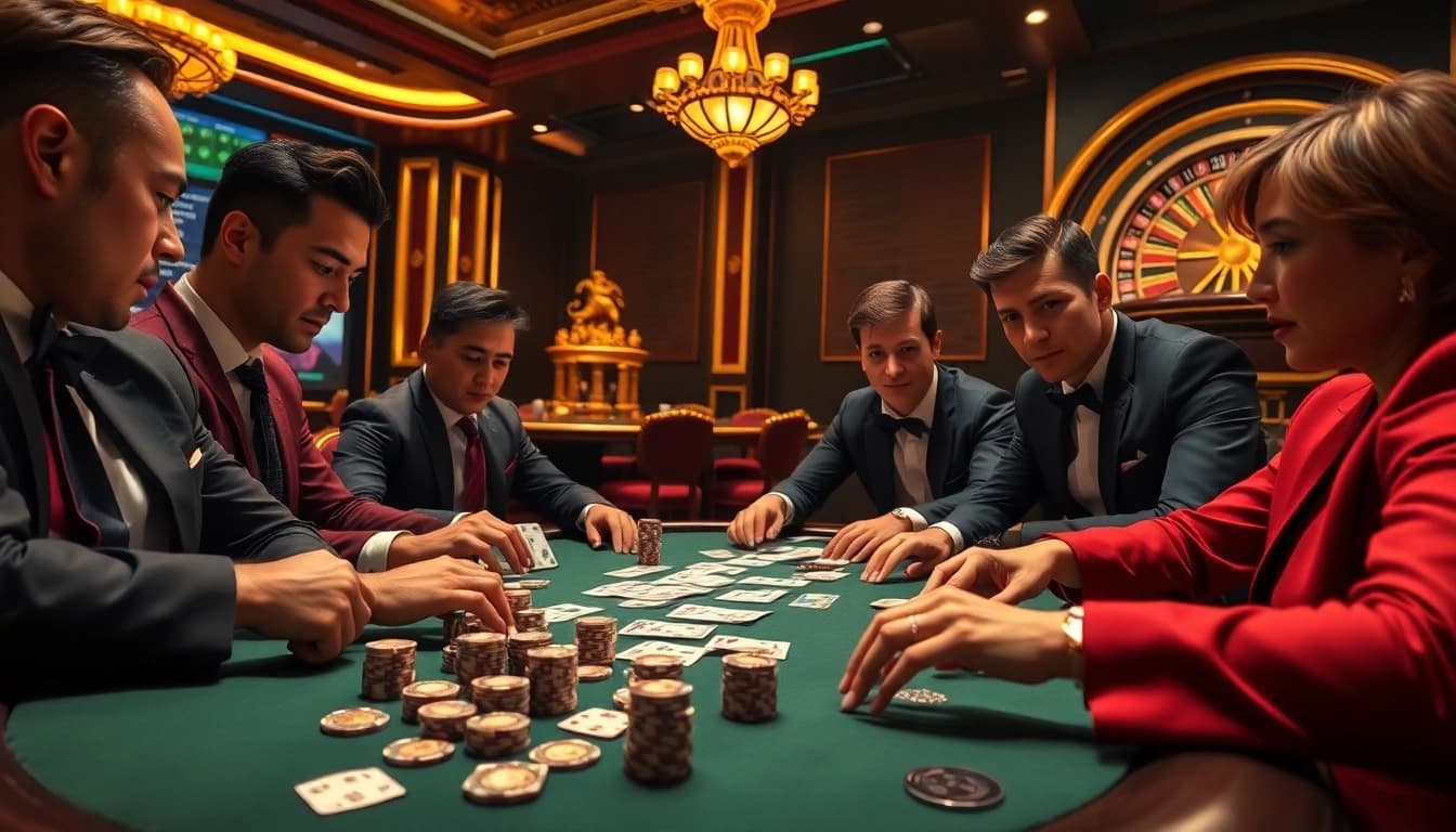 Capturing the essence of keo nha cai, poker players strategizing at a luxurious casino table.