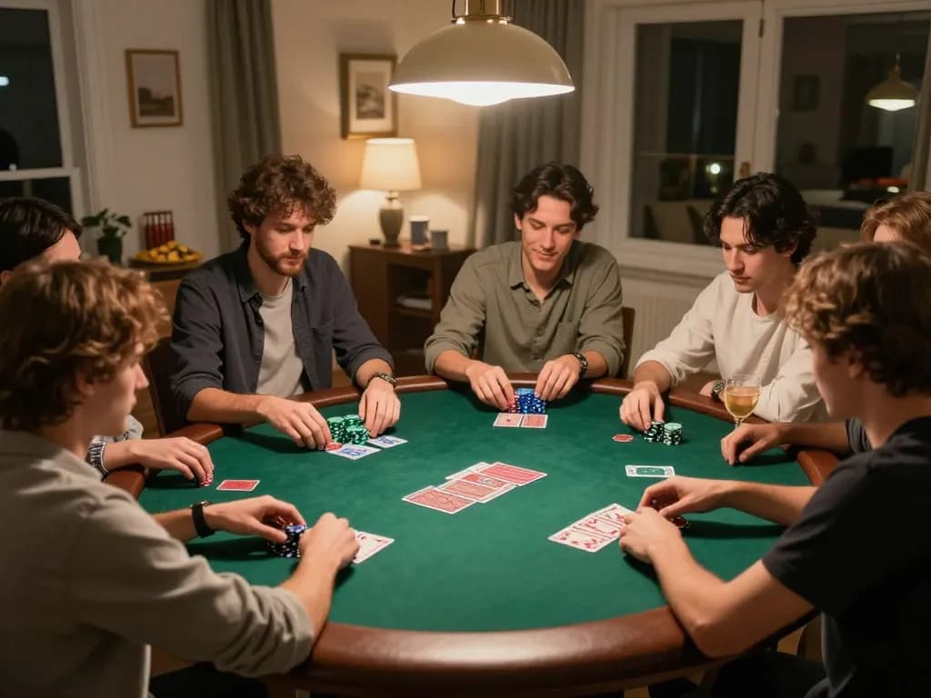 Players enjoying a lively poker game at home, showcasing strategic bets in a trang casino atmosphere.