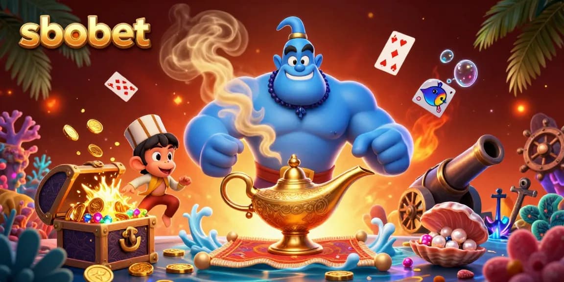 Experience exciting sbobet betting with a vibrant illustration of a genie and magical elements.