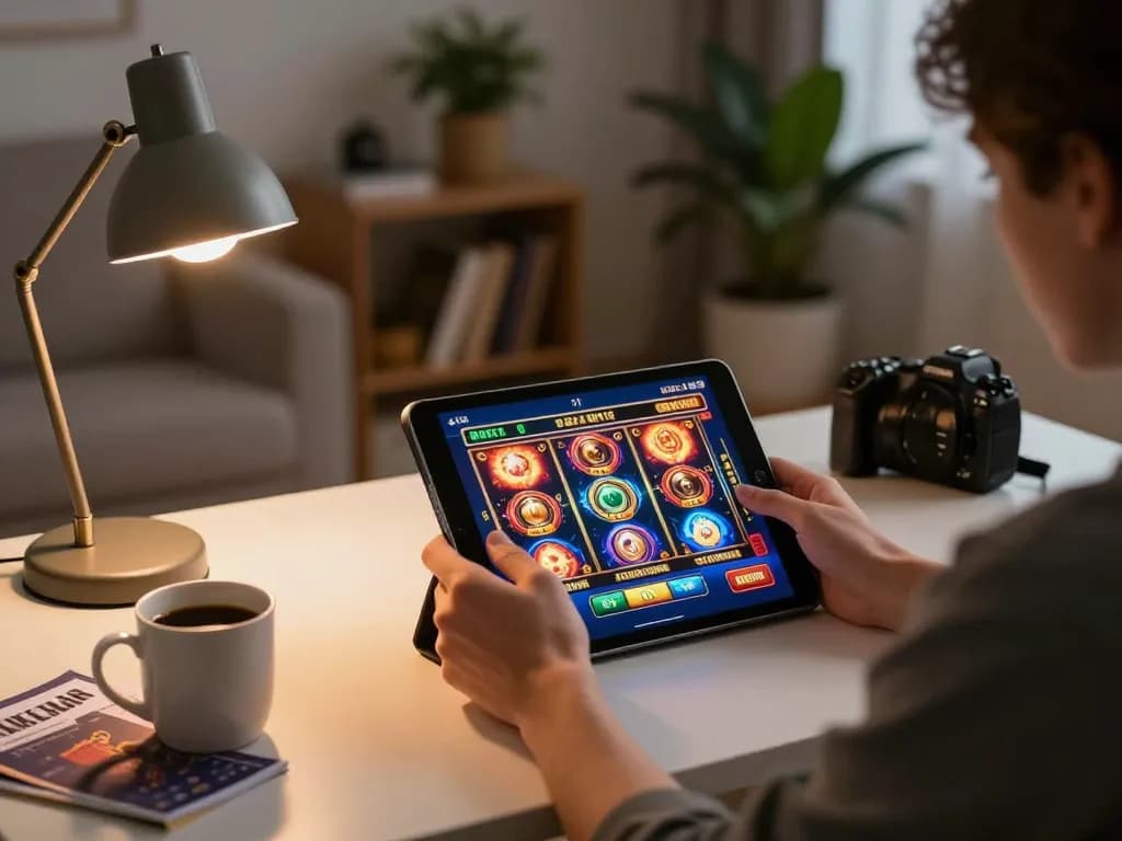 Skena perjudian online yang menarik menampilkan seorang pemain menggunakan tablet dengan grafis permainan slot yang cerah, menekankan permainan yang bertanggung jawab di radiofairindia.