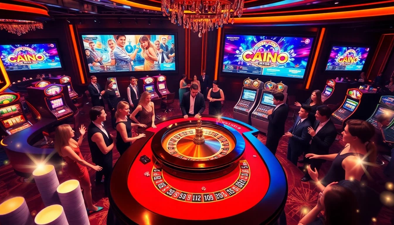 SODO CASINO 66 features an exciting roulette table with players, poker chips, and slot machines.
