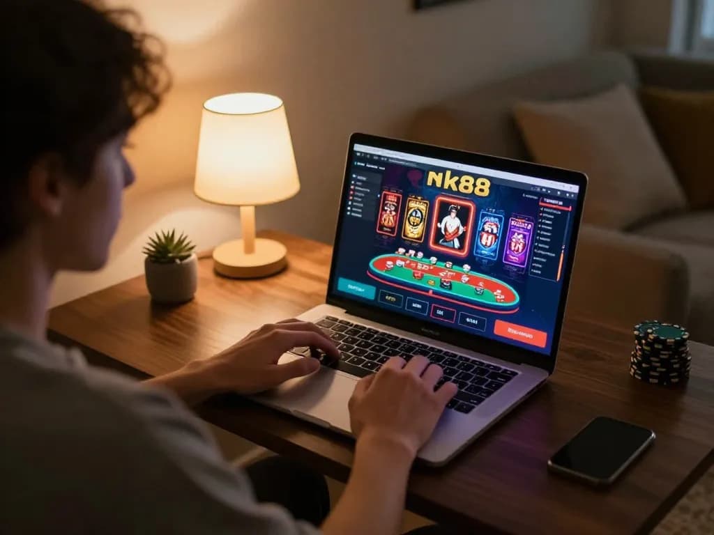 Engaged player enjoying nk88 online casino experience at home with exciting game graphics visible.