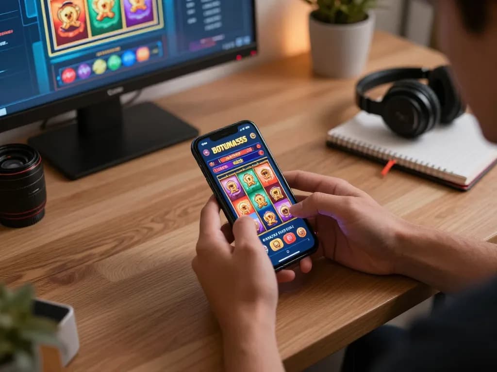 Player engaging with BOTUNA555 smartphone casino app in a cozy and inviting setting