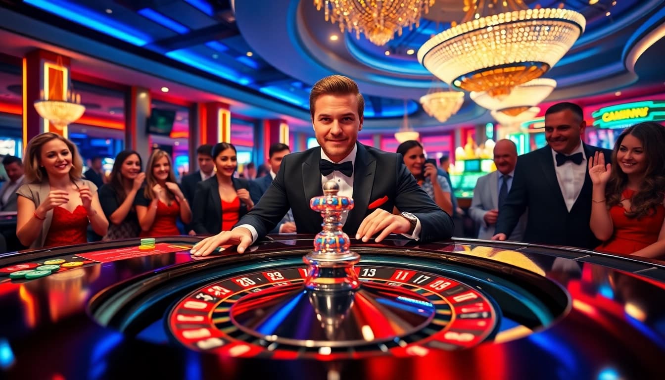 Experience the excitement of uu娛樂 at a lively casino roulette table, with dealers and players engaging.