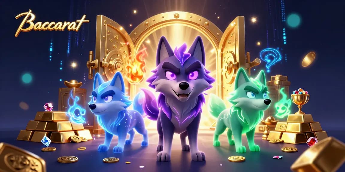 Baccarat gaming scene featuring a mystical wolf leader surrounded by ghostly companions, treasure and jewels
