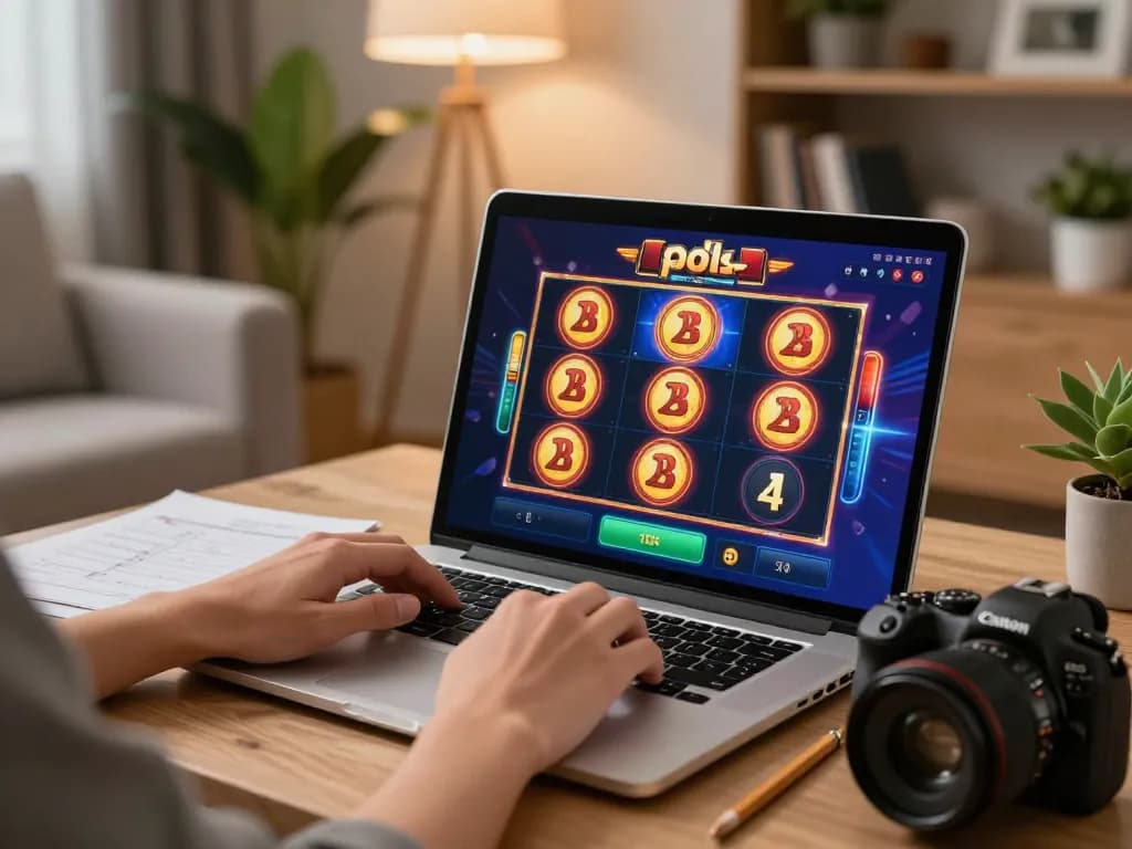 Engaging in online slot pulsa gameplay on a laptop with strategies and cozy ambiance.