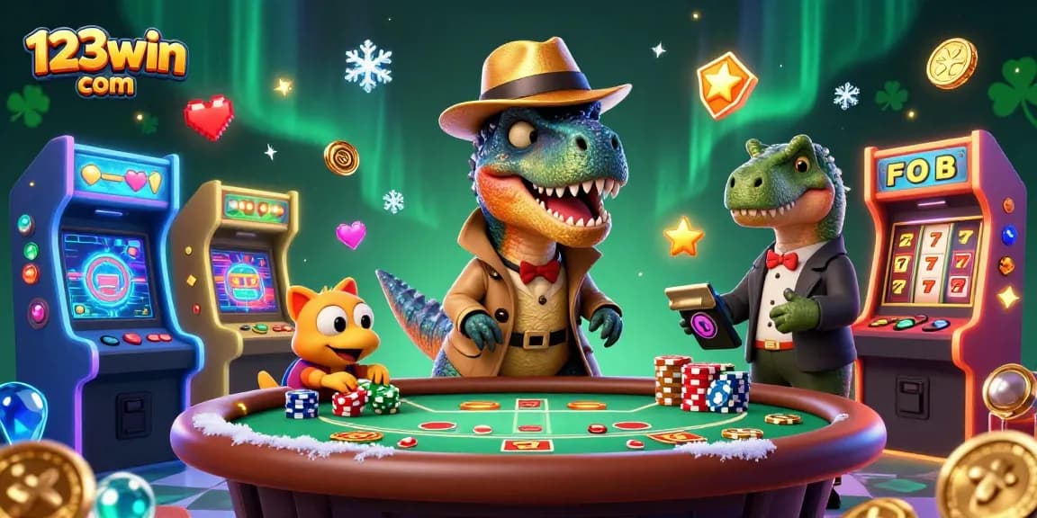 Play and win at 123win com featuring 3D dinosaurs in a vibrant casino scene with animated gaming elements.