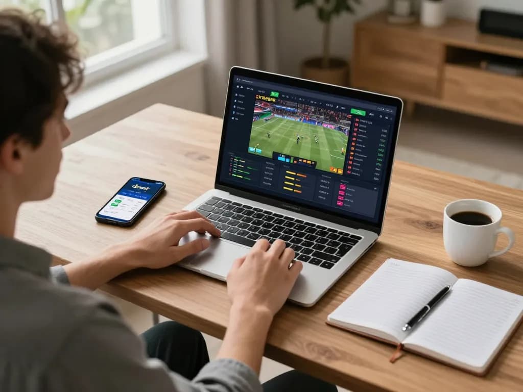 Person placing bets on Bsport app while enjoying sports events in a cozy home setup.