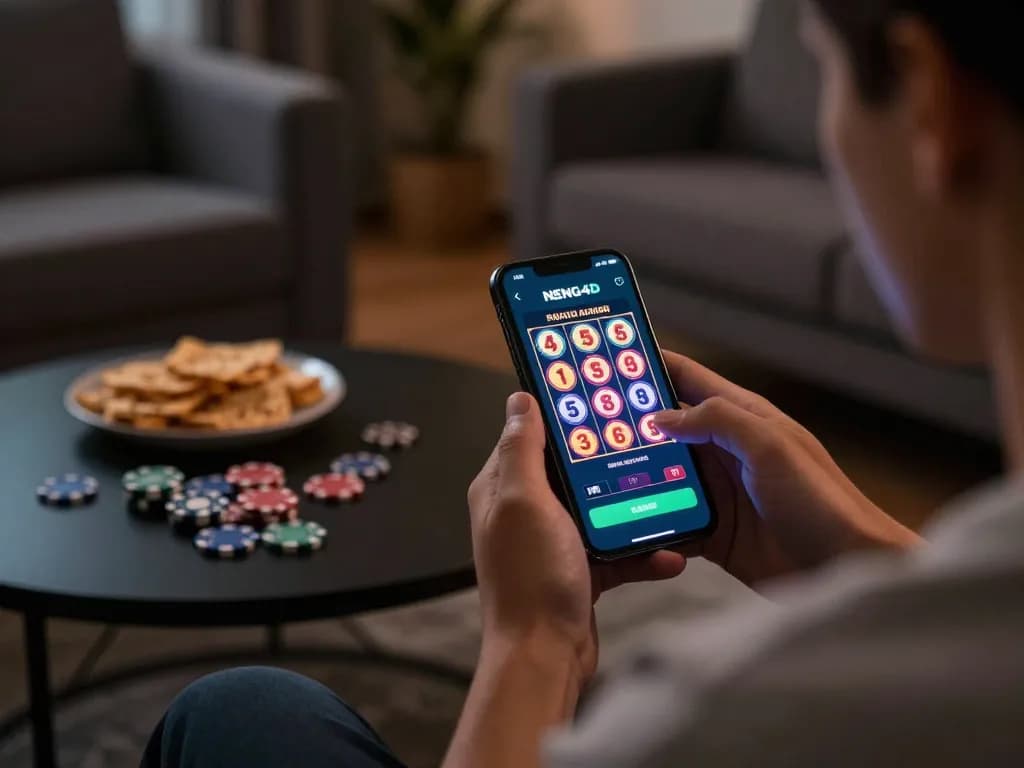 Player spinning NENG4D slot reel on smartphone in cozy living room setting, capturing exciting online gaming moment.